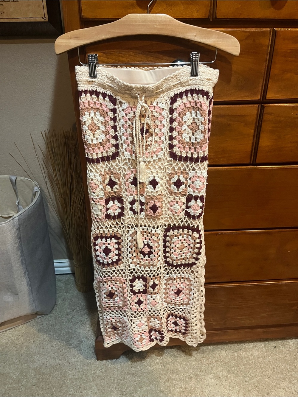Free the Roses Crochet Maxi Skirt in Cream, Pink and Burgundy Accents